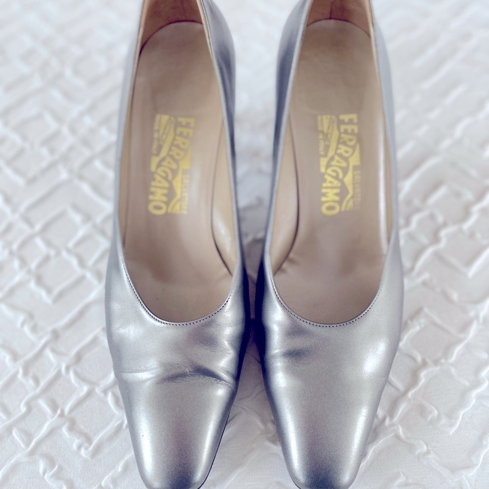 Salvatore Ferragamo Silver Square Toe Pumps 8.5
